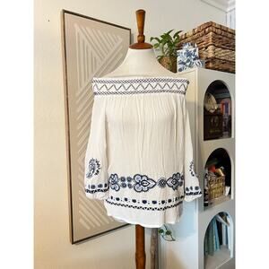 Desigual Womens White Blue Floral Off Shoulder Embroidered Top Sz XS Boho Mexico